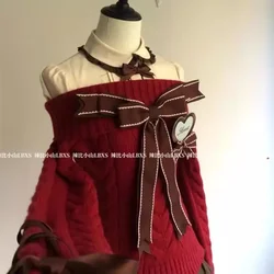American Vintage Spice Girl Bow Bandage Off Shoulder Long Sleeved Knitted Sweater + Flounce Skirt + Simple Shirt Women 3Pcs Sets