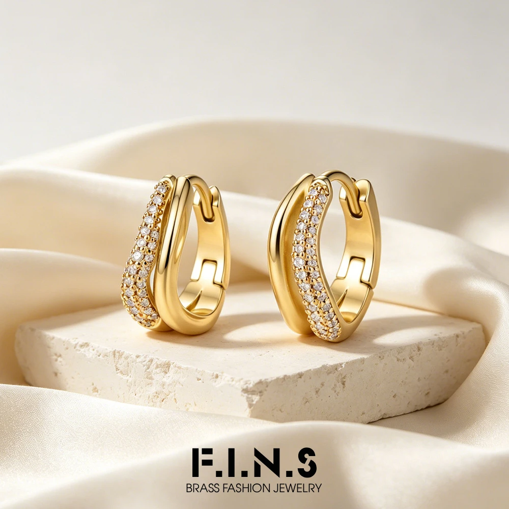 F.I.N.S 14K Gold Plated Brass Hoop Earrings for Women Cubic Zirconia Double Layer Huggie Earrings Minimalist Fashion Jewelry