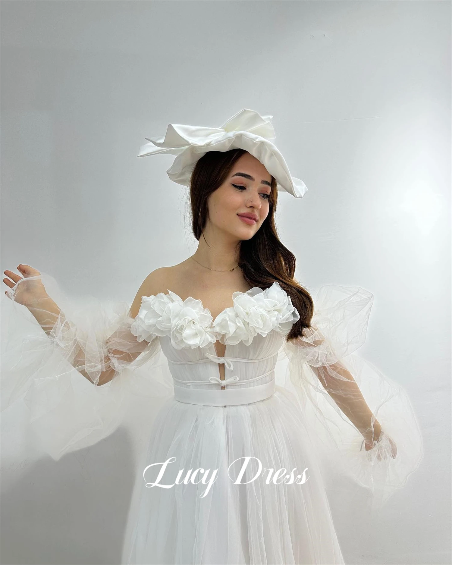 Lucy White Wedding Dress Flower Decoration Long Party Evening Dresses for Special Occasions Robes De Cocktail Ball Gowns Prom