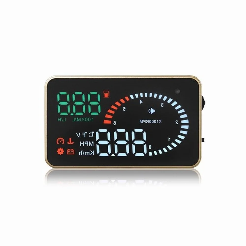 OBDII Compatible Head-Up Display for Vehicle Dashboards Showing Speed RPM Fuel Use Water Temp Low Voltage and Overheat Alerts
