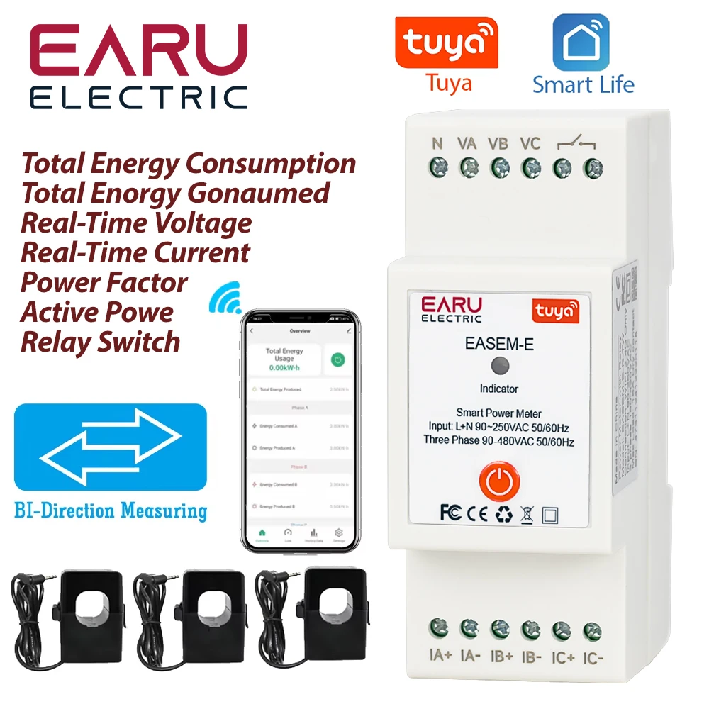 TUYA WiFi Smart Three Phase AC90-480V Bi-Directional Measurement Power Energy kWh Meter Monitor with 3PCS CT Clamps Switch Relay