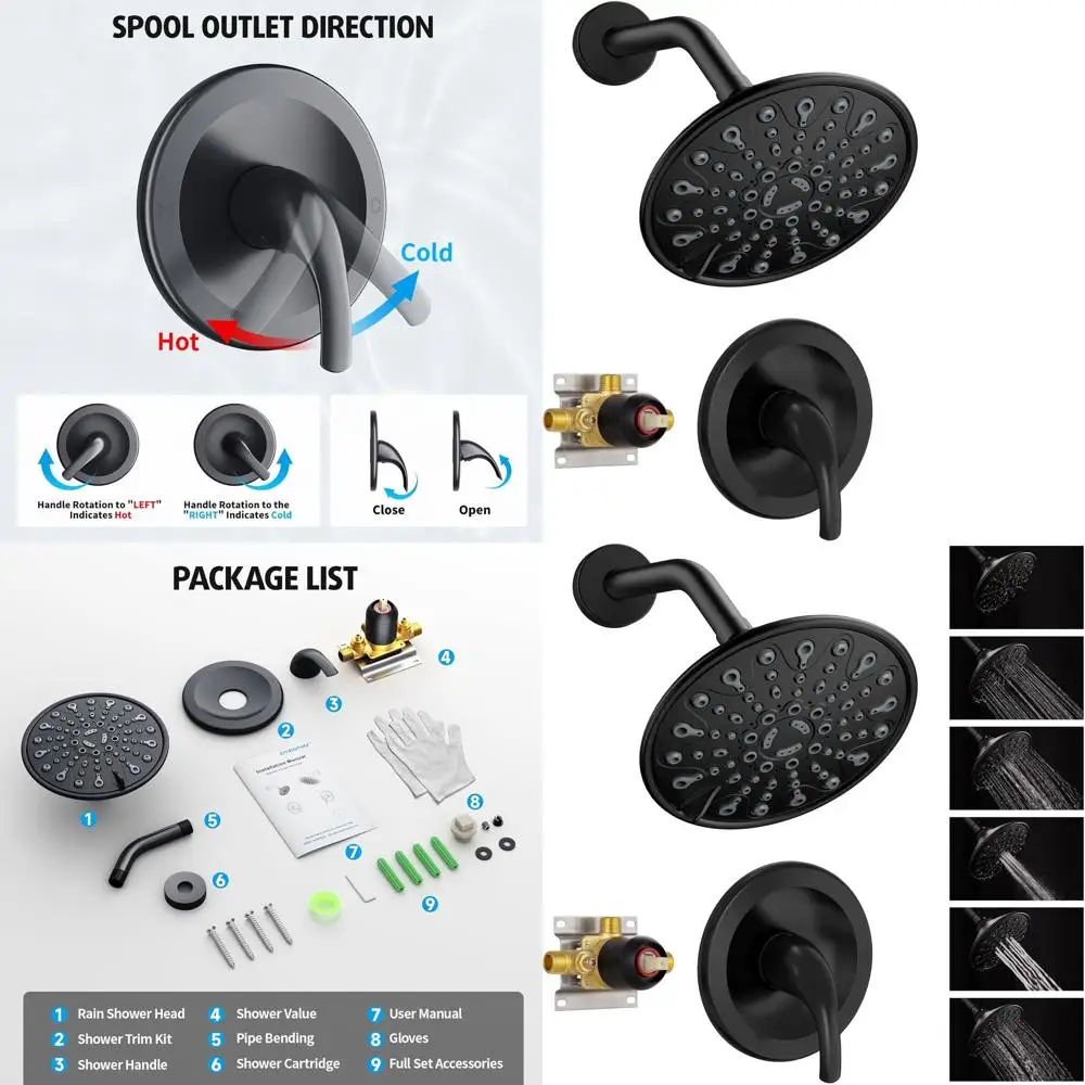 

Matte Black Single Handle Shower Faucet with 6-Inch Rainfall Head and Valve Kit