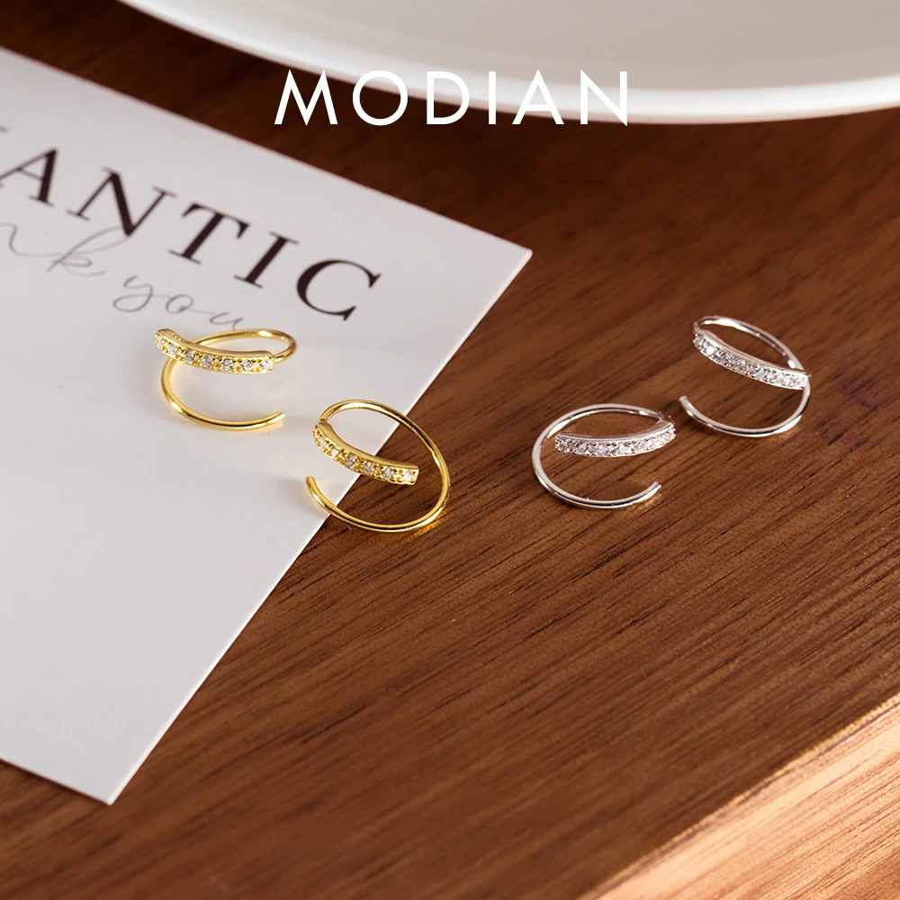 Modian różowe złoto kolor linia geometryczna srebro 925 stadnina kolczyk dla kobiet Shining wyczyść CZ Ear Pin Fine Jewelry Girl Gift