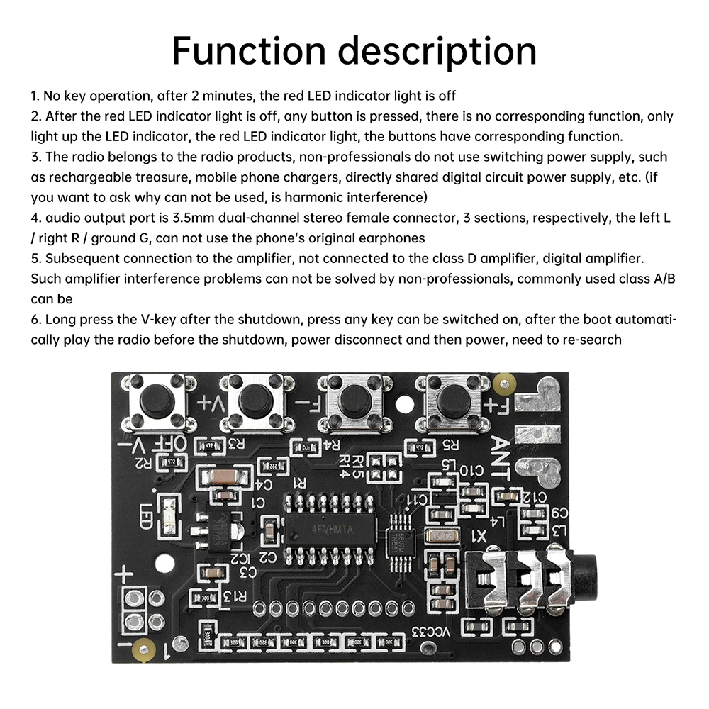 Modulo radio FM DC 3-12V 76.0MHz-108.0MHz Circuito ricevitore FM stereo a due canali Modulo radio Scheda ricevitore FM