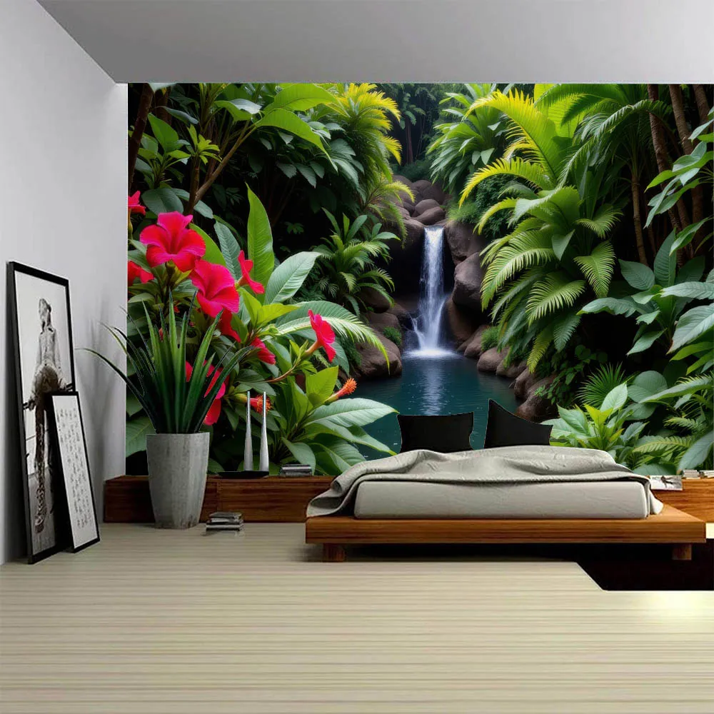 

Forest Garden Waterfall Tapestry Natural Healing Landscape Tea House Decor Living Room Accent Wall Interior Decoration