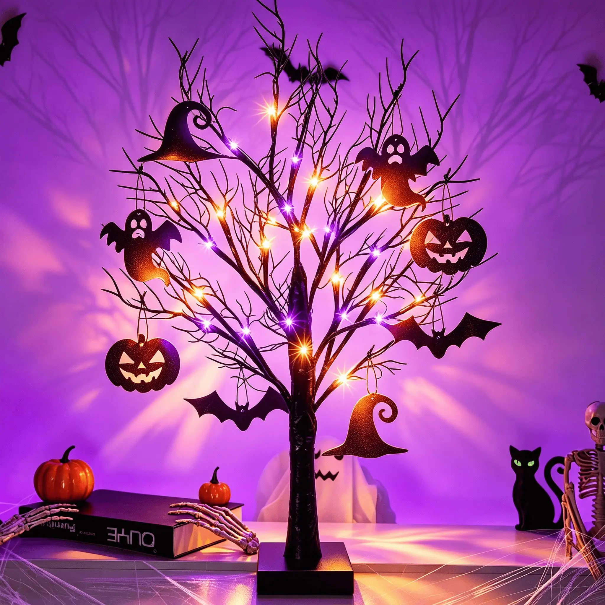 Halloween Table Decorations And Interior Ornaments, Black Ghost Tree With 24 LED Orange And Purple Lights, Powered By Batteries Or USB, 8 Pumpkins, Bats And Ghost Decorations, A Christmas Tree With Lights, Suitable For Home Desktop Decoration Items