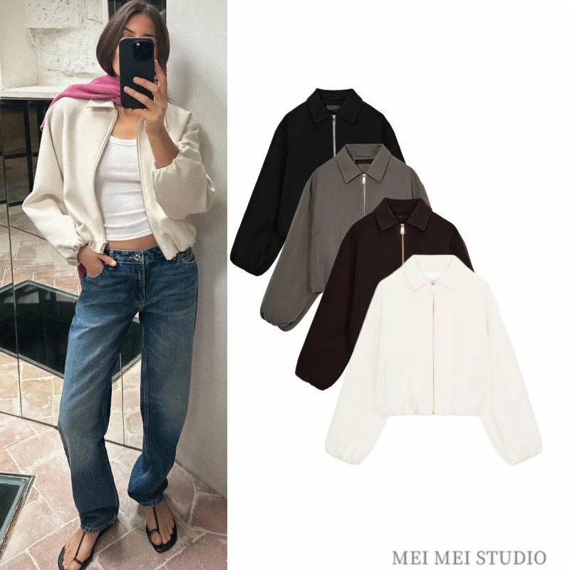 Women's Long Sleeve Zipper Puffy Jacket Collared Top Casual Comfortable Fit Single Piece Pure Color Spring Season Chinese Pro...