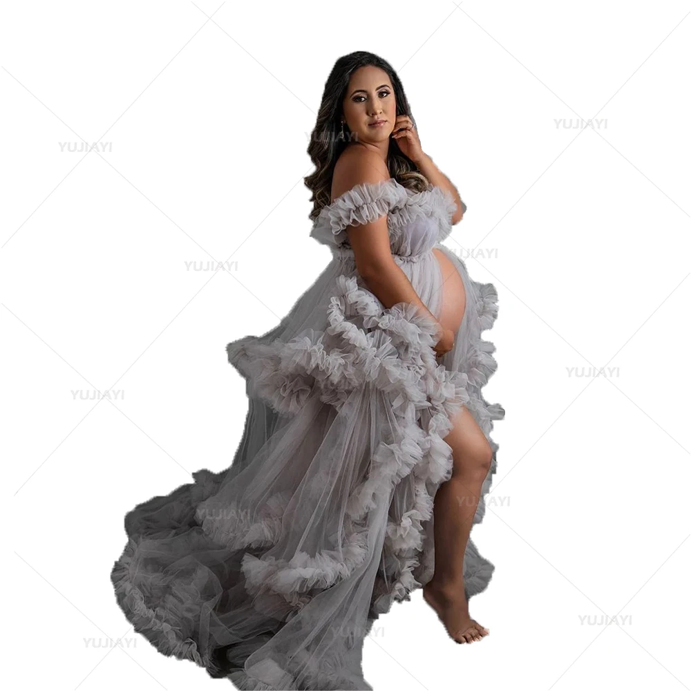 Puffy Maternity Robes Sheer Fluffy Tiered Ruffles Gown Bridal Boudoir Loungewear Sleepwear Nightgown Maternity Dress Photo Shoot