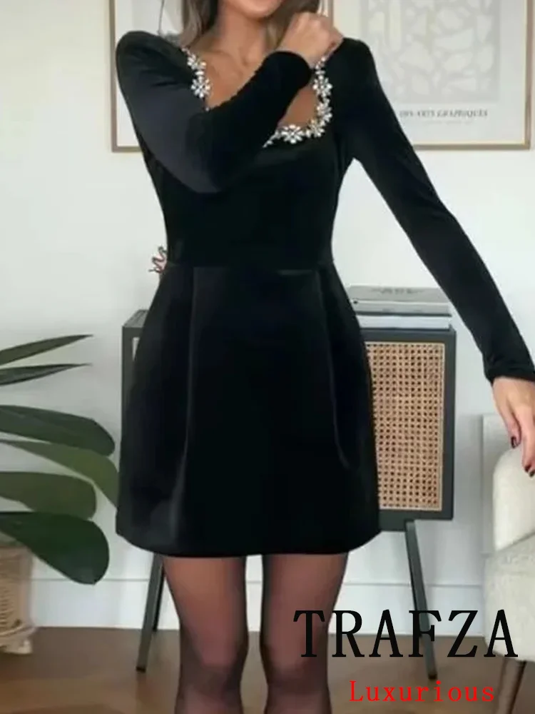 TRAFZA Vintage Casual Chic Rivet Women Dress Slash Neck Zipper Mini Dress Fashion 2024 Summer Chic Evening Party Female Dress