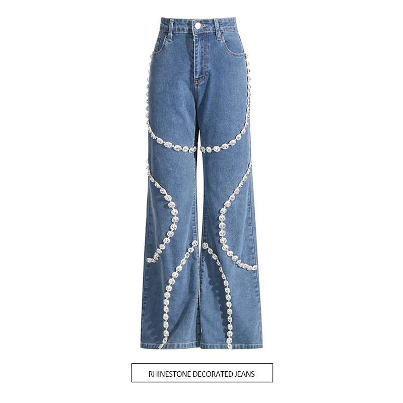 SuperAen Fashion Personality High Waist Jeans 2025 Autumn New Design Luxury Spliced Diamond Straight Slim Long Wide-leg Pants