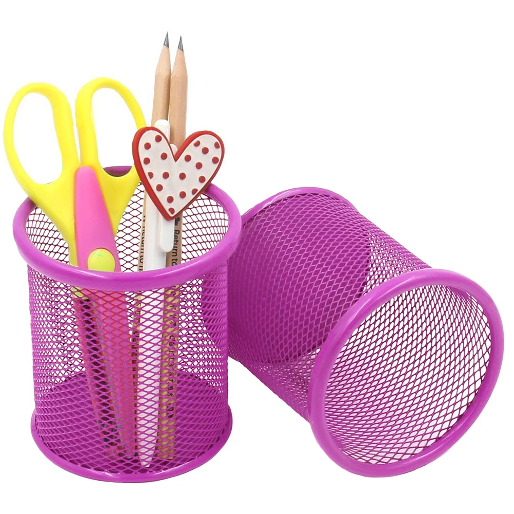 2pcs Round Pencil Holder Container for Desk Organizer Purple Pens Mesh Steel Desktop Supplies Scissors Ruler Storage Cup