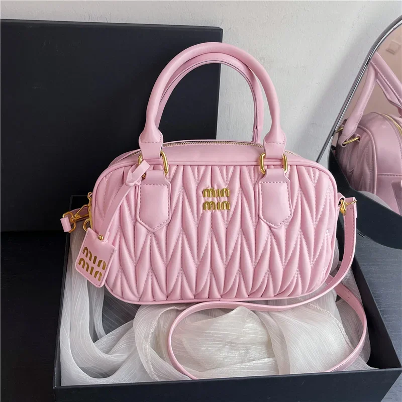 2025 กระเป๋าหนังโบว์ลิ่งหรูหราสําหรับผู้หญิง - กระเป๋าสะพายไหล่ลายริ้วรอย, กระเป๋าสะพายข้างสไตล์มินิมอลกระเป๋าถืออินเทรนด์