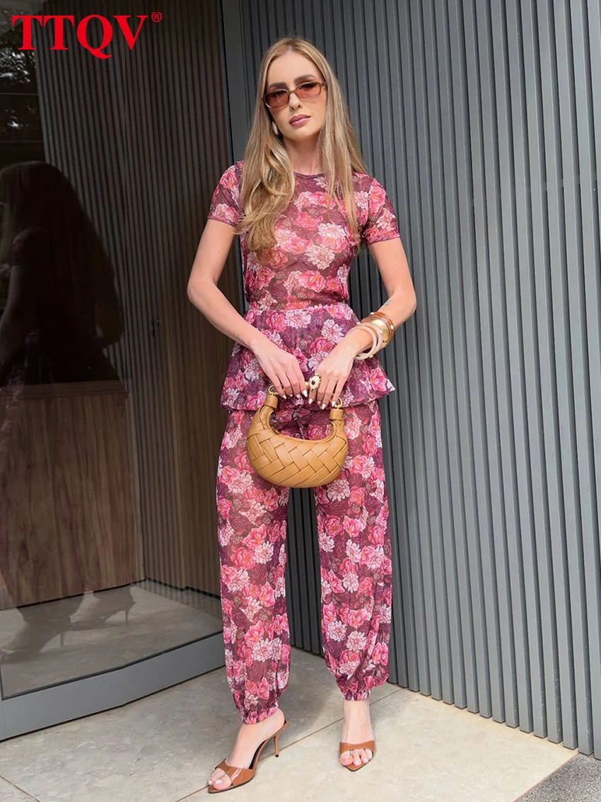 

TTQV Summer Short Sleeve Shirt 2 Piece Set Women Fashion Loose Print Pants Set Elegant Classic High Waist Pencil Trousers Set