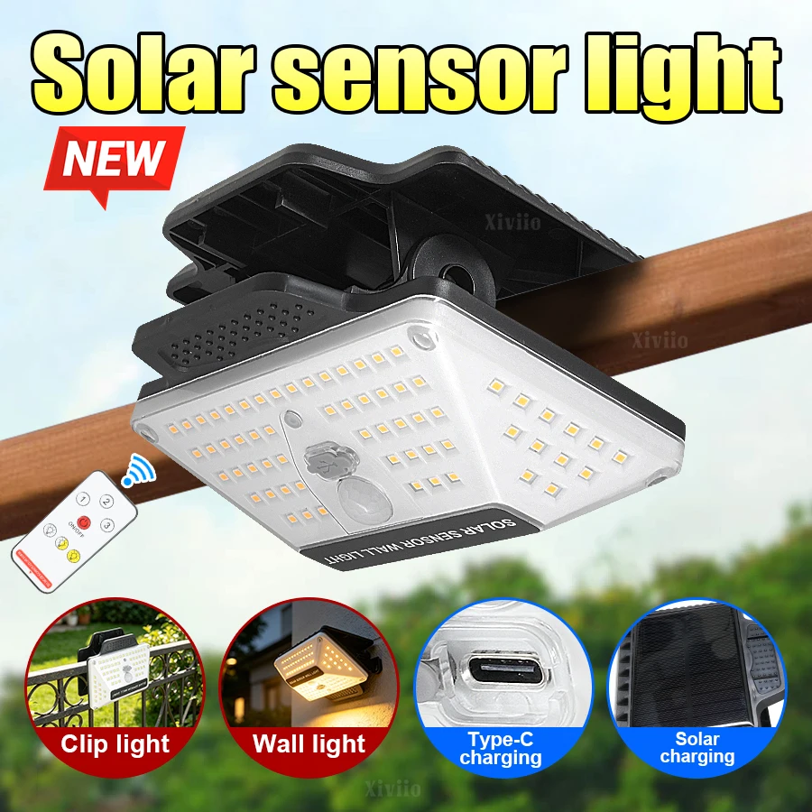 New Solar Clip Light Clamp Mount Motion Sensor Solar Wall Light Solar & Type-C Charging Waterproof Garden Fence Camping Pathway