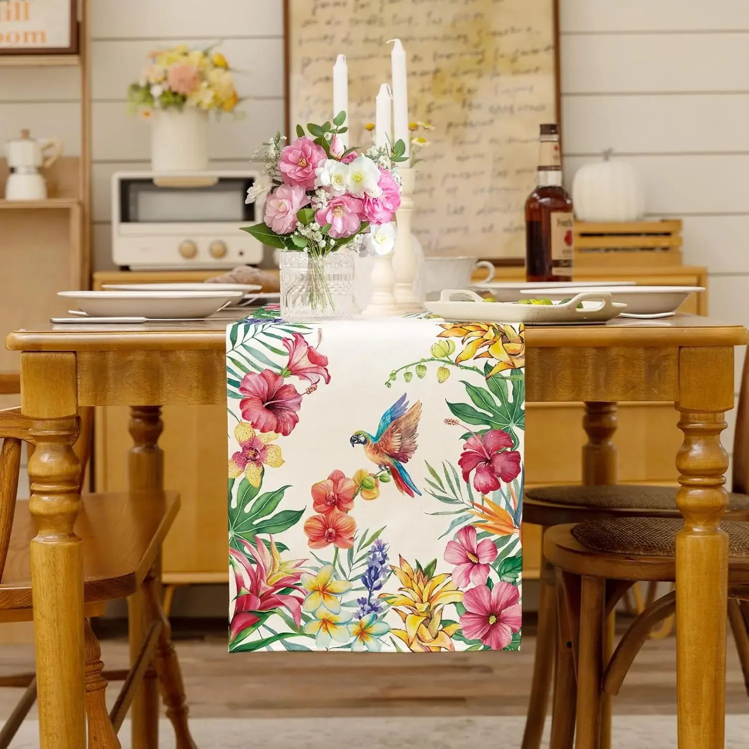 1Pc Tropical Floral Parrot Table Runner White Flower Bird Print Table Cover For Dining Kitchen Party Decoration Tabletop Decor