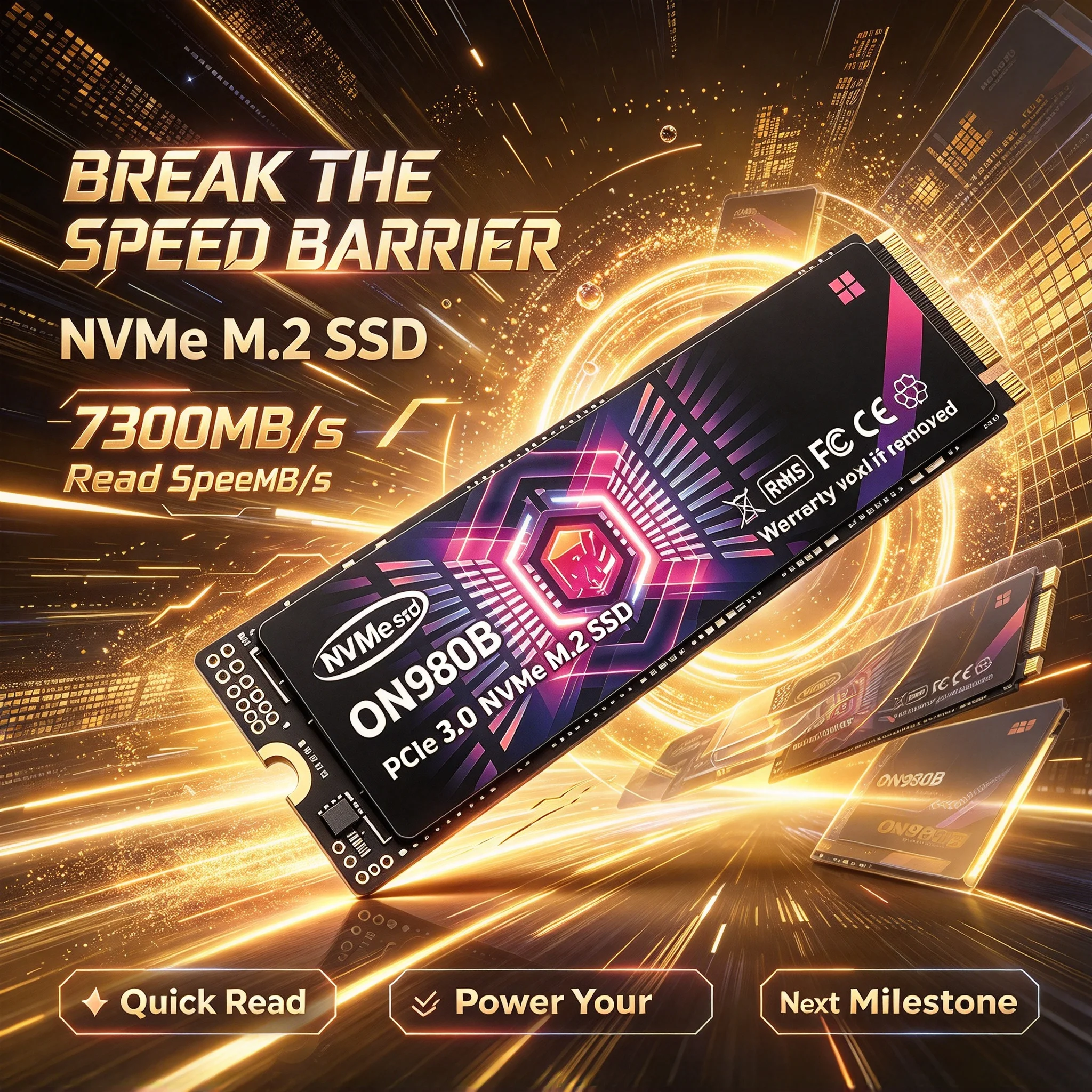 ON980B NVMe M.2 Built-in Solid State Disk, 1TB/2TB/4TB/500GB, Fast Data Storage, Desktop, Laptop, Notebook, Computer.