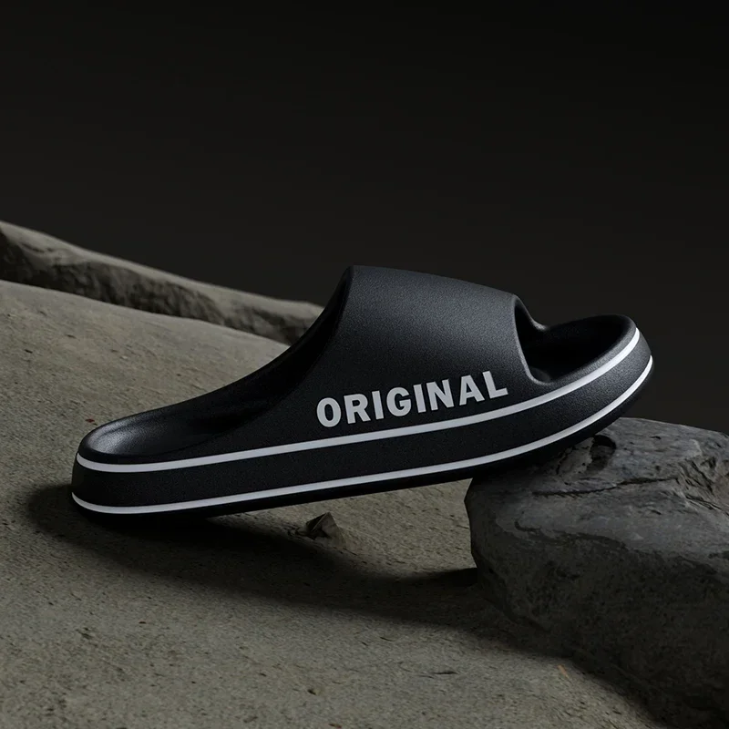 Summer Couple Slides Solid Color Letter Printed Slippers Men Women Thick Sole Soft Sole Non Slip Home Bathroom Beach Shoes view 3