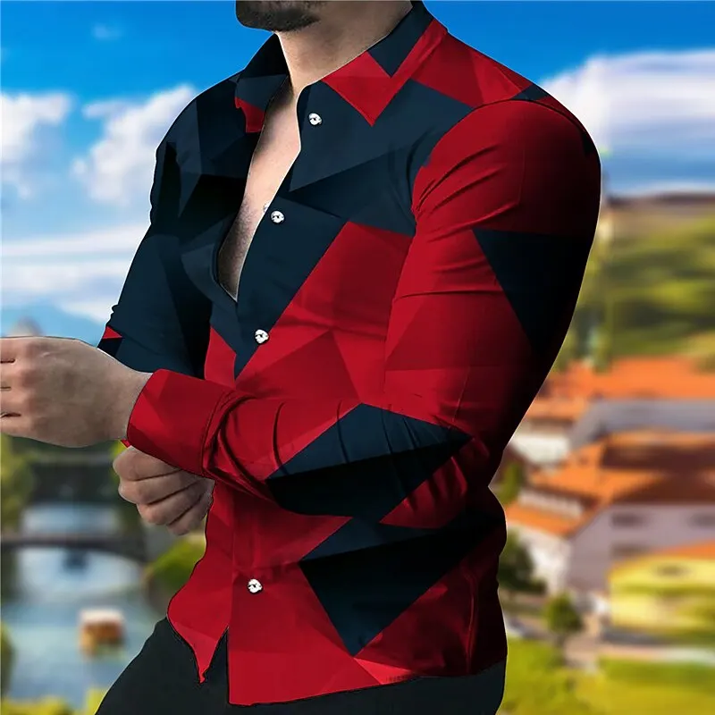 

Men's Color Block Geometric Pattern Shirt Fashion Casual Outdoor Long Sleeve Shirts Loose Lapel Button Up Breathable Man Clothes