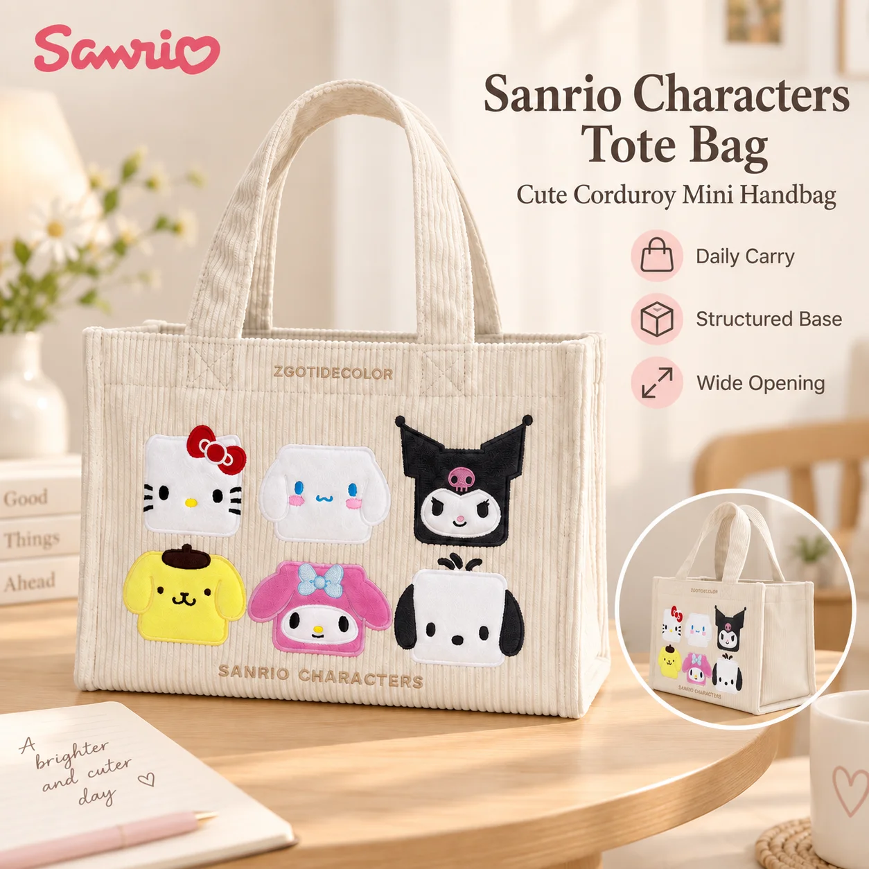 Sanrio Characters Corduroy Tote Bag Kawaii My Melody Kuromi Handbag Wide Opening Structured Base Bag for Daily Carry Gift