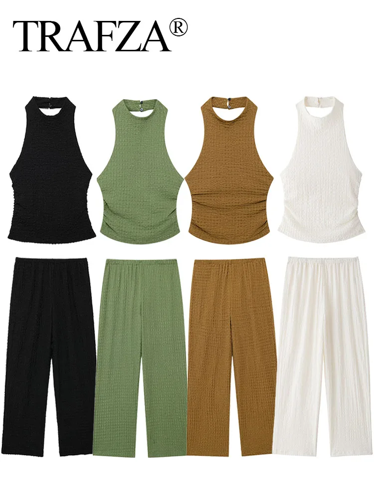 TRAFZA-Haut froncé texturé à col licou et pantalon large à taille élastique pour femme, ensemble féminin dos nu, imbibé de fibre, été, 2024