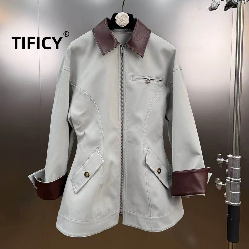 High Street Slim Jackets Women's Spring Long Sleeve PU Splicing Collar Waist Flying Suit Ins Style Jacket Zipper Coat Looks Thin