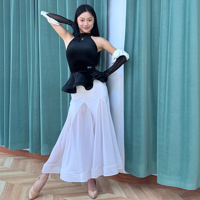 Elegante Ballroom Dance Kleidung Frauen Walzer Leistung Kostüm Schwarz Samt Tops Weiß Langen Rock Prom Wettbewerb Kleid BL17010