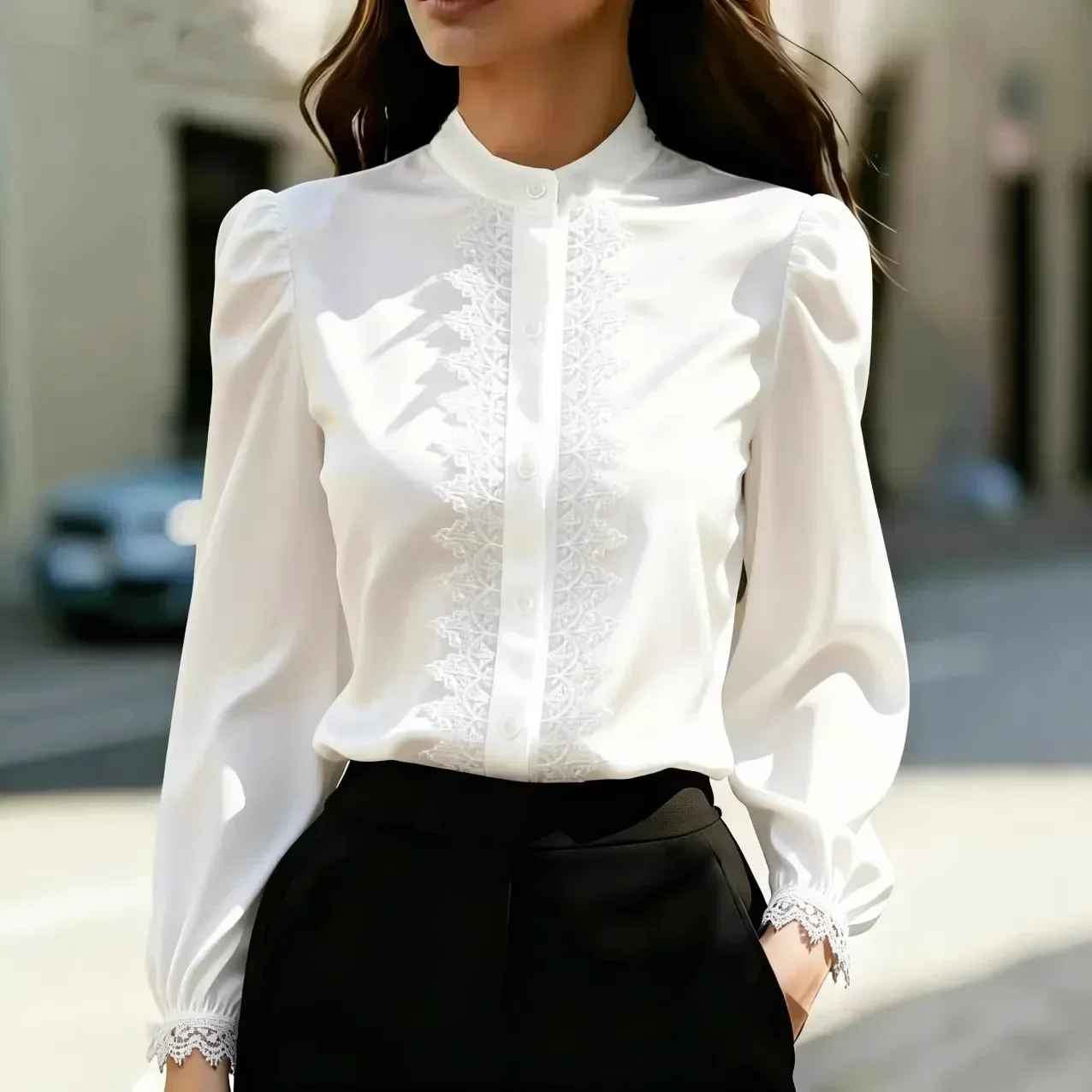 Women Stand Collar Satin Blouse Lace Embroidery Front Puff Long Sleeve Elegant Office Tops