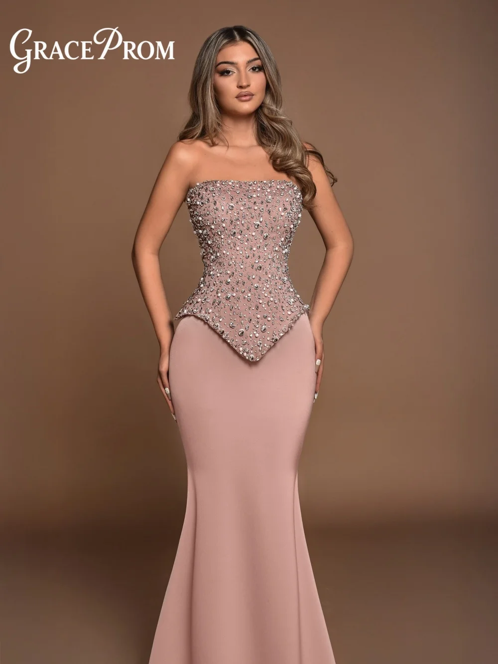 

GraceProm Glamorous Blush Pink Strapless Evening Dress Sophisticated Rhinestones Floor-Length Formal Party Gown For Women