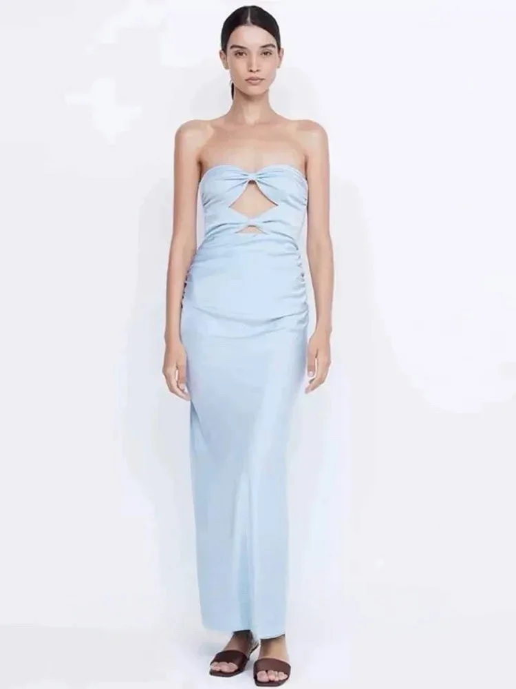 새로운 섹시한 스트랩리스 홀로우 아웃 롱 드레스 여성용 화이트 슬리브리스 컷아웃 백리스 슬림 드레스 우아한 이브닝 파티 가운