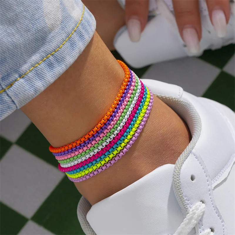 Colourful Adjustable Metal Chain Anklet Bracelet For Women Summer Beach Thin Chain Ankle Barefoot Y2K Female Foot Jewelry