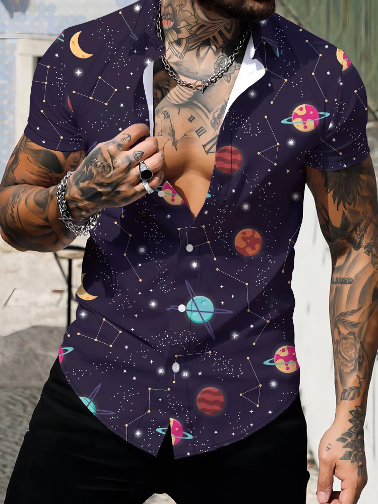 

Hot selling summer men's shirt Galaxy 3D digital printing men's short-sleeved shirt fashionable lapel men's shirt