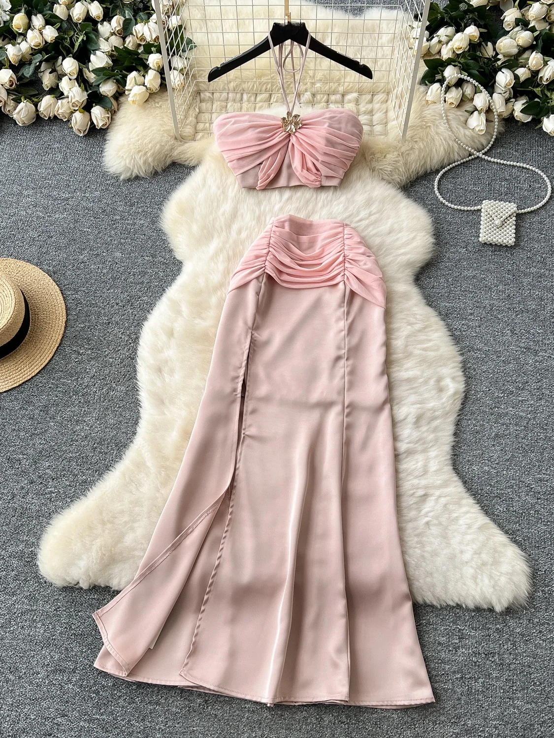 

Aospheric Summer Floral Ne Hanging Tube Top Tank + High Waist Slit Satin f Skirt Women's Faion Set High Waist Open S...