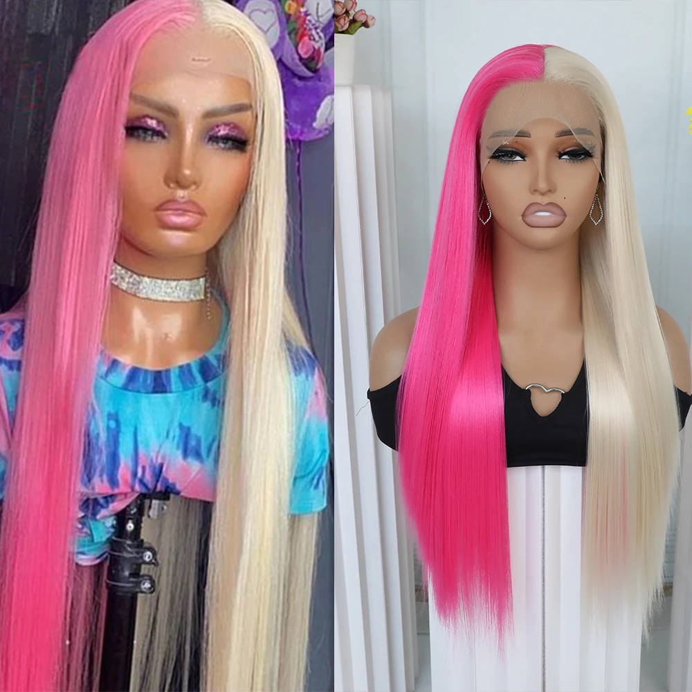 Half Pink and Half Blonde Synthetic Lace Front Wigs Long Straight Wigs for Women Heat Resistant Hair Light pink and ash Blonde