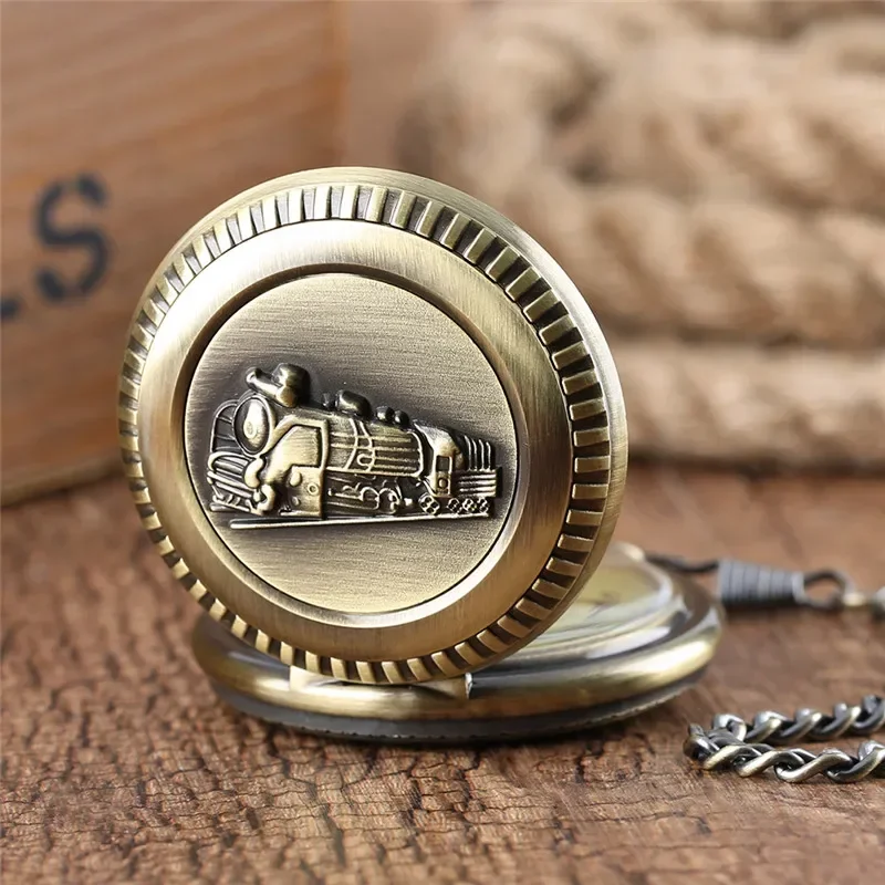 

Antique Large Size Clock Locomotive Railway Train Pattern Unisex Quartz Analog Pocket Watch Pendant Chain Roman Number Timepiece