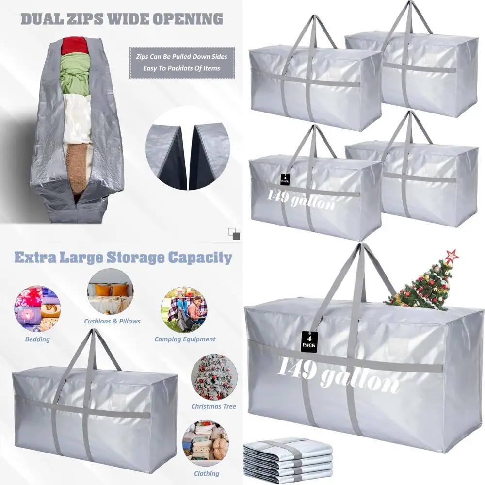 

Large 149 Gallon Moving Bags, Zippered & Handled, Heavy Duty Christmas Tree Storage Totes for 4-12 ft Trees (Silver)