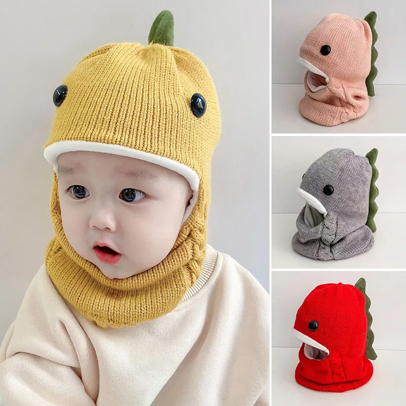 

Зимняя детская цельная шапка-шарф для детей 0-2 лет, детская вязаная шерстяная шапка с рисунком динозавра, ветрозащитный теплый головной убор, детские шапочки с капюшоном