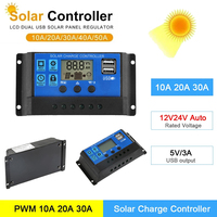 Solar Charge Controller 12V/24V PWM 10A 20A 30A 40A 60A with Adjustable LCD Display Dual USB Port Timer Setting Auto Parameter