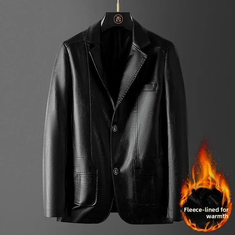 

Thiened Fce Lined Men's Leather Jaet Casual Faion Ci Sle Winter Coat for Middle-Aged And ly PU Leather