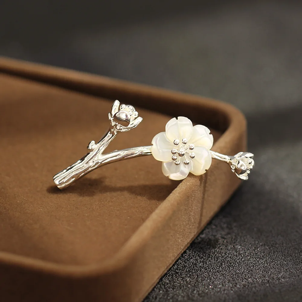 Chinese Style Auspicious Lucky Silver Natural Mother Of Pearl Carved Plum Blossom Branch Brooch Elegant Pin For Women Daily Wear
