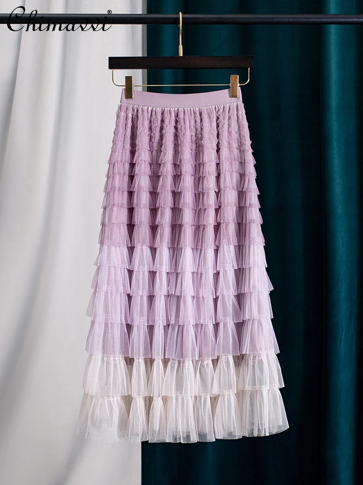

Французский темперамент, элегантные сетчатые юбки принцессы, эластичная высокая талия, трапециевидная многослойная милая универсальная длинная юбка для торта, женская летняя