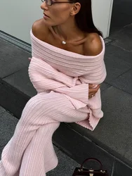 TARUXY Elegant One-Shoulder Knitted Dress For Women Loose Sexy Rib knit Sweater Autumn Winter Midi Dresses Female Long Sleeve