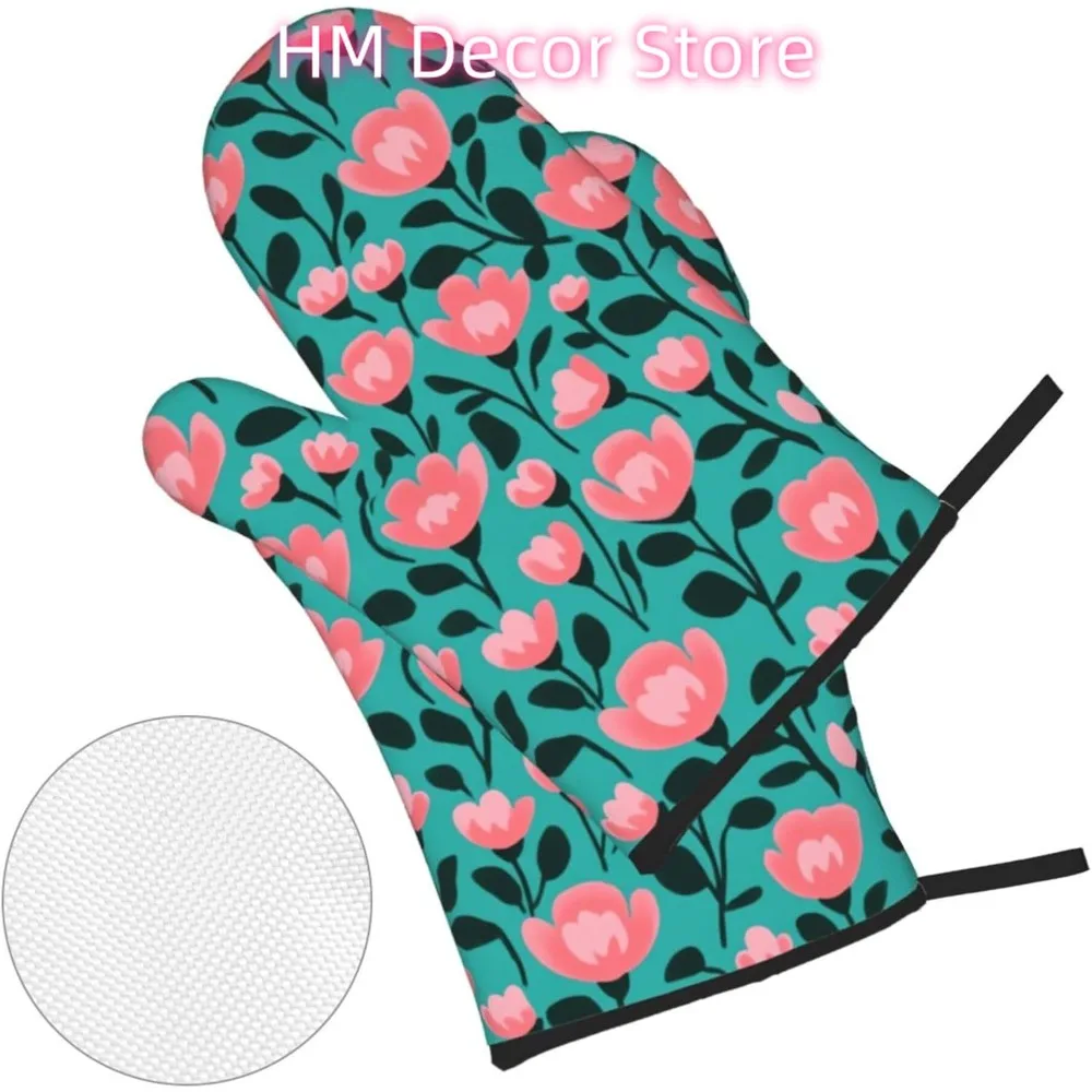 Turquoise Peonies Oven Mitts and Pot Holders Sets of 4, Aesthetic Plants Country Heat Resistant Oven Mitts,Non-Slip Cooking Glov