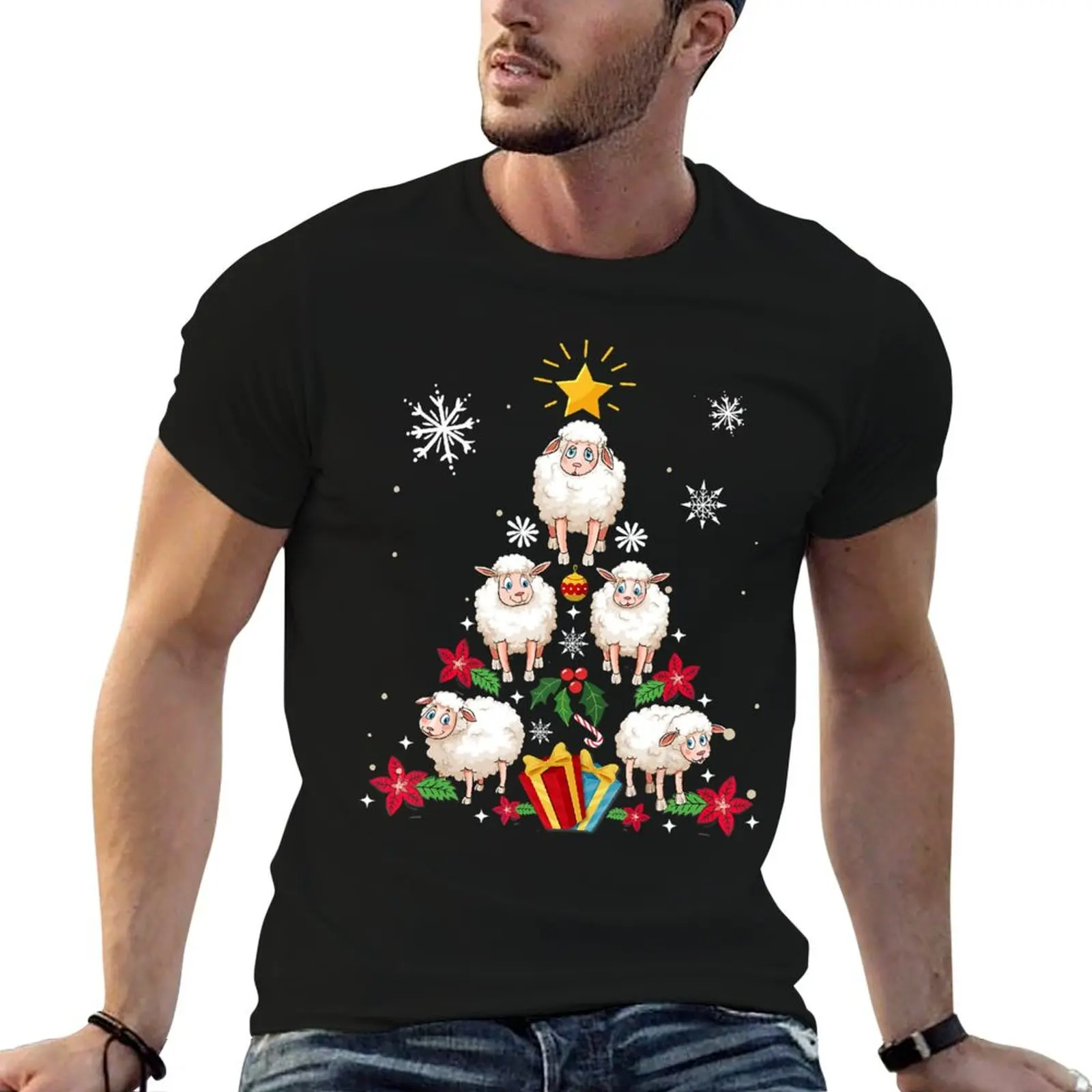 

Funny Sheep Christmas Tree Cute T-Shirt Short sleeve tee graphics kawaii clothes man t shirt shirts graphic tee men