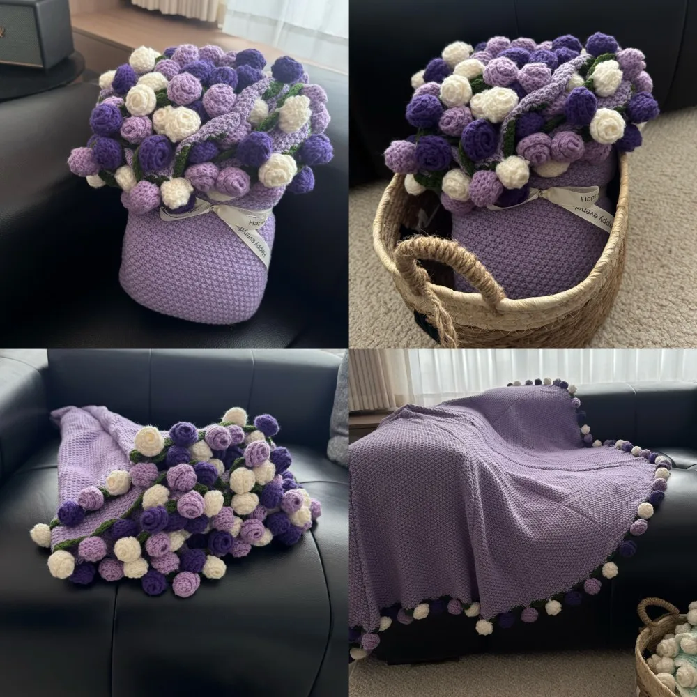 Crochet Flower Bouquet Blanket Handmade Rose Knitted Throw Soft Warm Foldable Sofa Bed Rug Valentine Mother Day Gift for Women