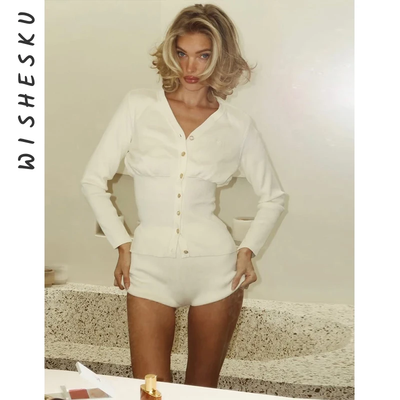 

Two Piece Set Women Knitted Outfits Sexy V Neck Long Sleeve Single Breasted Cardigan Top+High Waist Shorts 2025 Fall Y2K Clothes