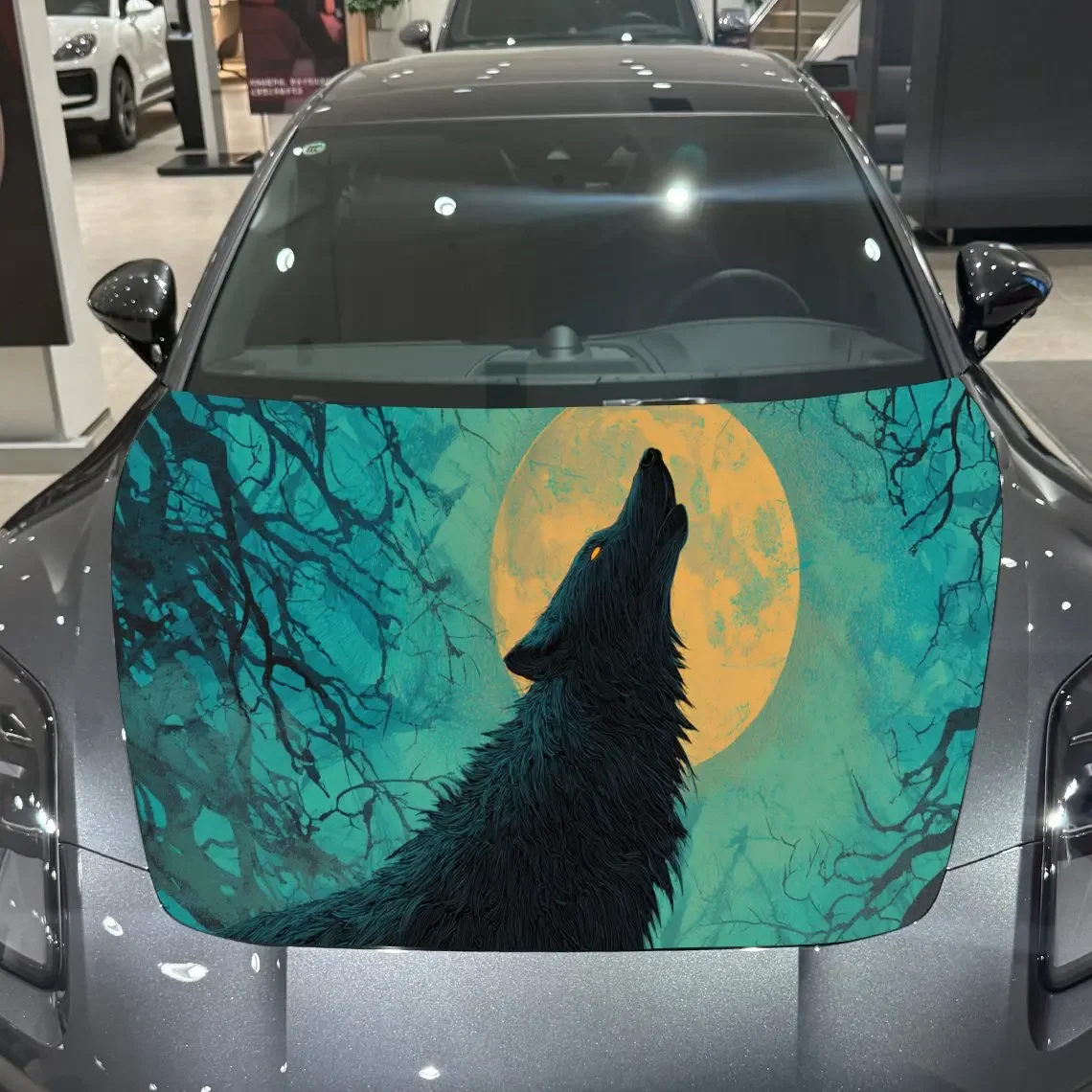 Moonlit Wolf Wonder Journey PVC Car Engine Hood Vinyl Wraps, Self-Adhesive Waterproof Car Hood Decal Sticker, Car Decoration Pro