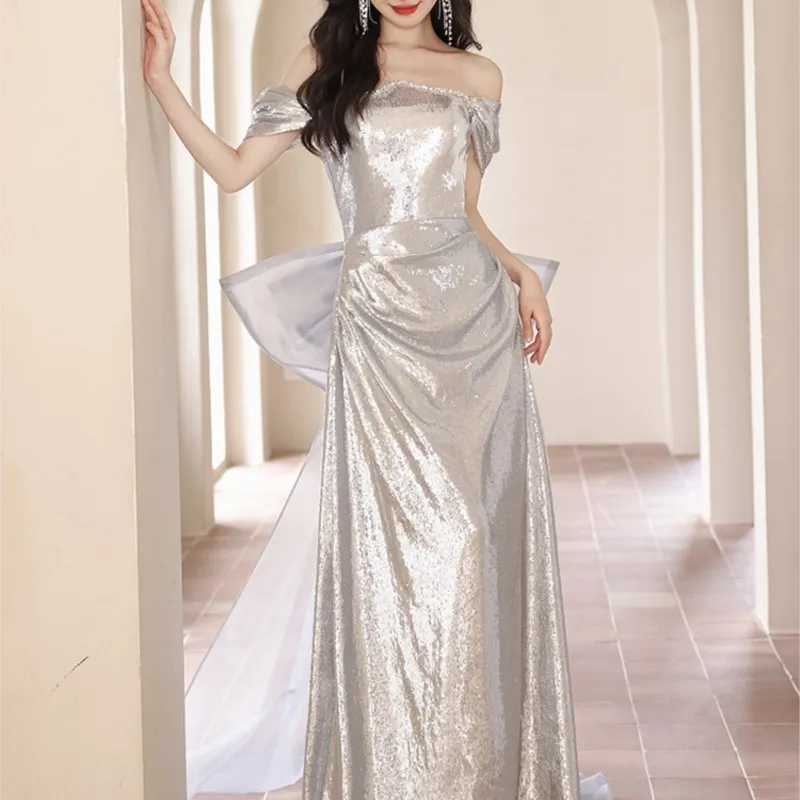 shoulder woman new sense banquet temperament host light luxury small dress