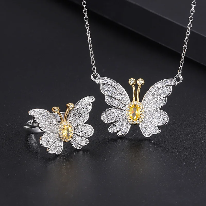 

Vintage Korean Fashion Yellow Gemstone Bowknot Pendant Necklace Adjustable Love Ring Women's Jewelry Fairycore Cute Gift for Mom