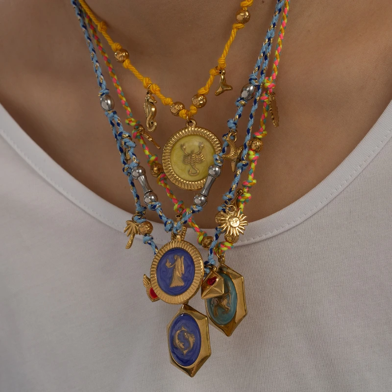 Zwölf Konstellationen bunte Anhänger handgemachte Baumwolle Seil Edelstahl Frauen personalisierte Mode Halsketten Schmuck – Detail 5