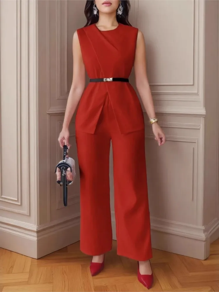 Spring Summer Women's Solid Tops Sleeveless Belt Two-piece Trousers Casual Suit New Fashion Elegant Two Piece Outfits Woman